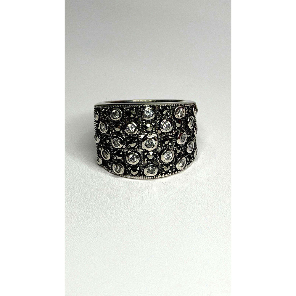 Vintage Wide Band 925 Sterling Silver Beryl & Marcasite Ring Size 8